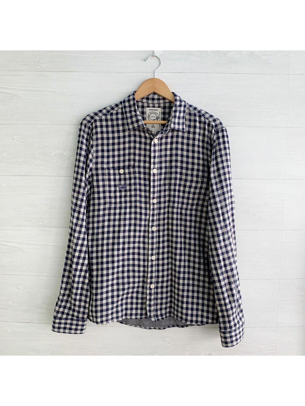 Diesel Navy Ivory Gingham Double Layer Cotton Button Down Shirt Men XL